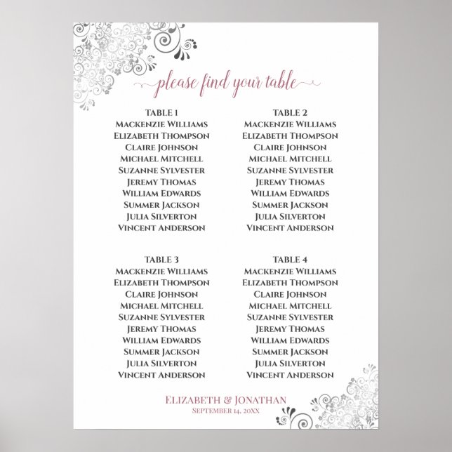 Póster 4 Saltos de mesa Rosa de la tabla de asientos Boda (Frente)