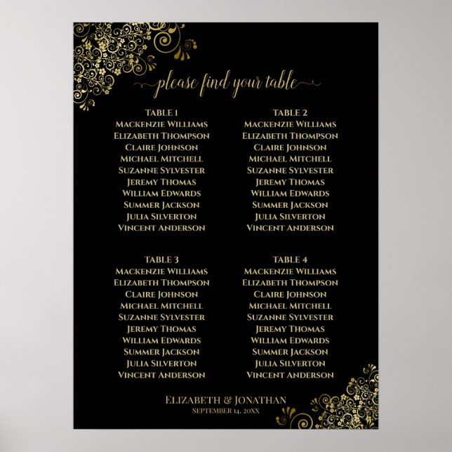 Póster 4 Tabla Dorado Frills Boda Tabla de asientos Negro (Frente)