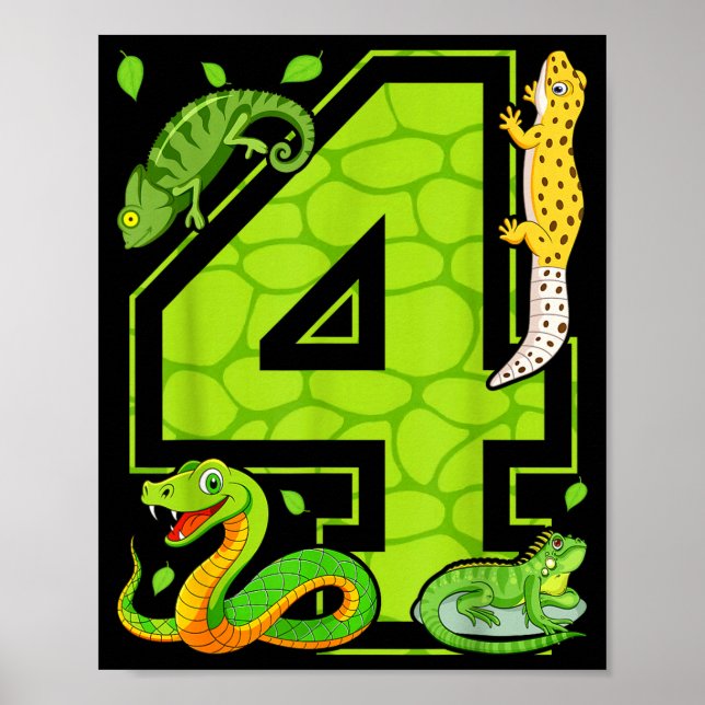 Póster 4th Birthday Snake Lizard Reptile 4 Year Old Party (Frente)