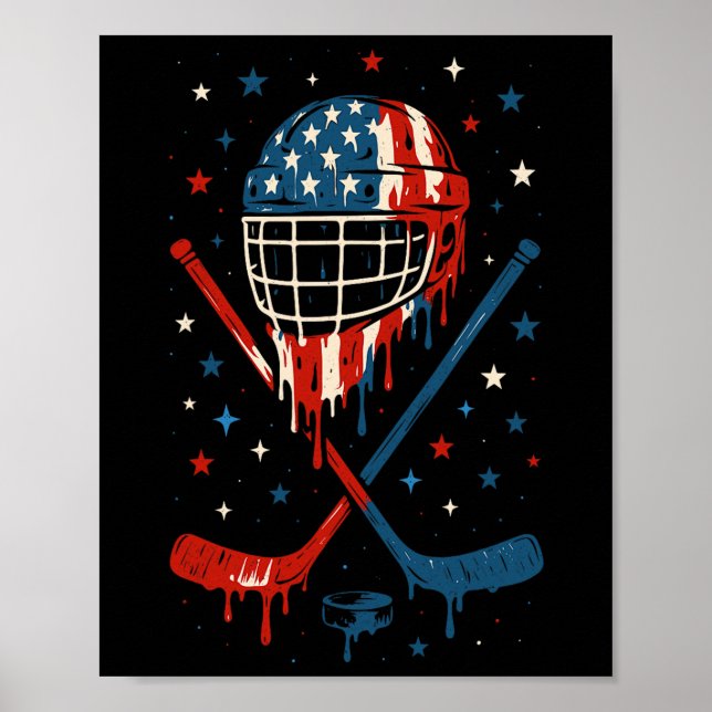 Póster 4th Of July Hockey Ice Cream Drip Helmet Sticks Us (Frente)