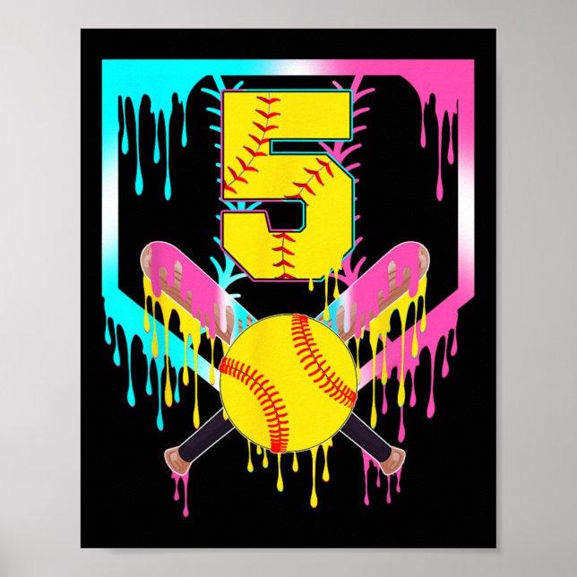 Póster 5º Cumpleaños Softll Home Plate Drip Helado 5 Años (Frente)