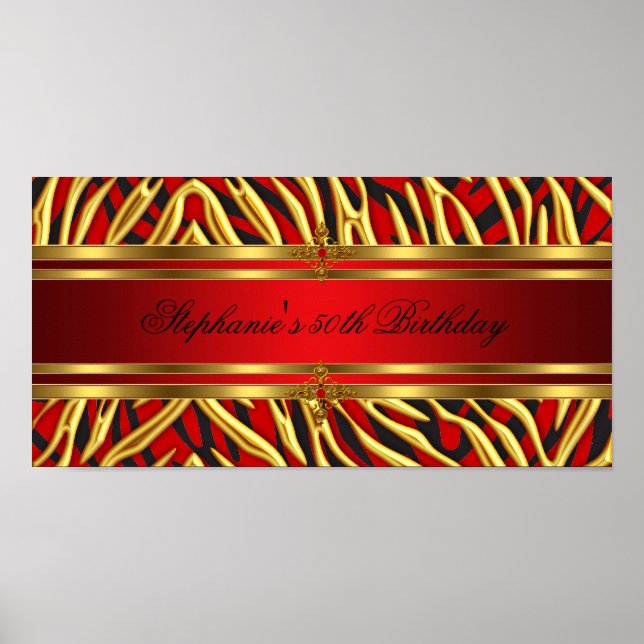 Póster 50.ª fiesta de cumpleaños Red Zebra Gold Black 2 (Frente)