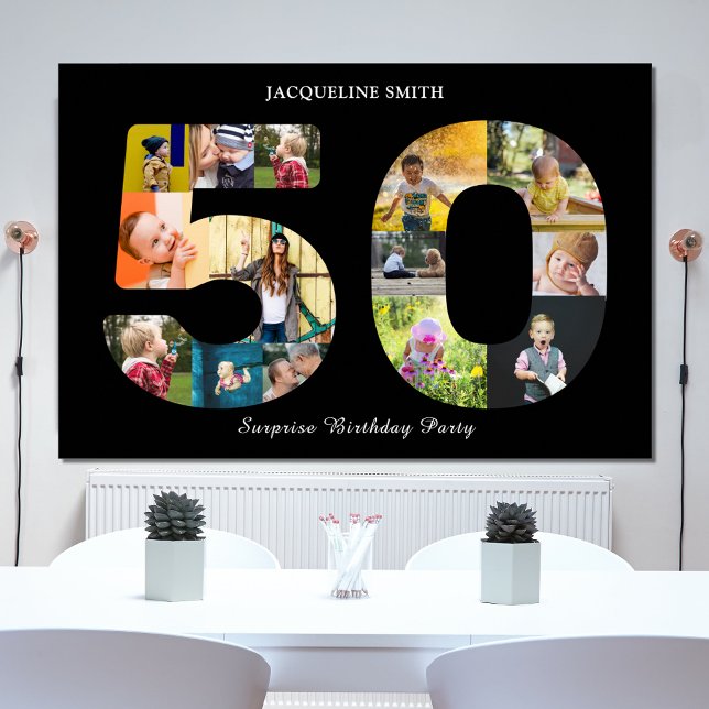 Póster 50.º Collage de fotos de la fiesta de cumpleaños b (50th birthday party poster in black with custom photo collage template in the "5" and "0".)