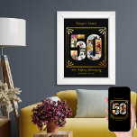 Póster 50.º Collage de fotos personalizado Boda de oro<br><div class="desc">Regalo personalizado del 50 aniversario del Boda de Oro para los padres. Este poster negro y dorado presenta un collage de fotos en forma de número 50 con un elegante marco de estilo Art Déco y una tipografía de escritura ornamentada. La plantilla está preparada para que agregue sus nombres, texto...</div>