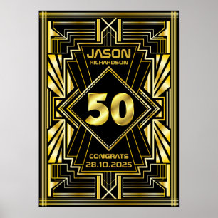 Póster 50.º cumpleaños Art Deco Oro Gran Gatsby Negro