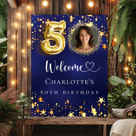 Póster 50.º cumpleaños estrellas de oro azul foto bienven