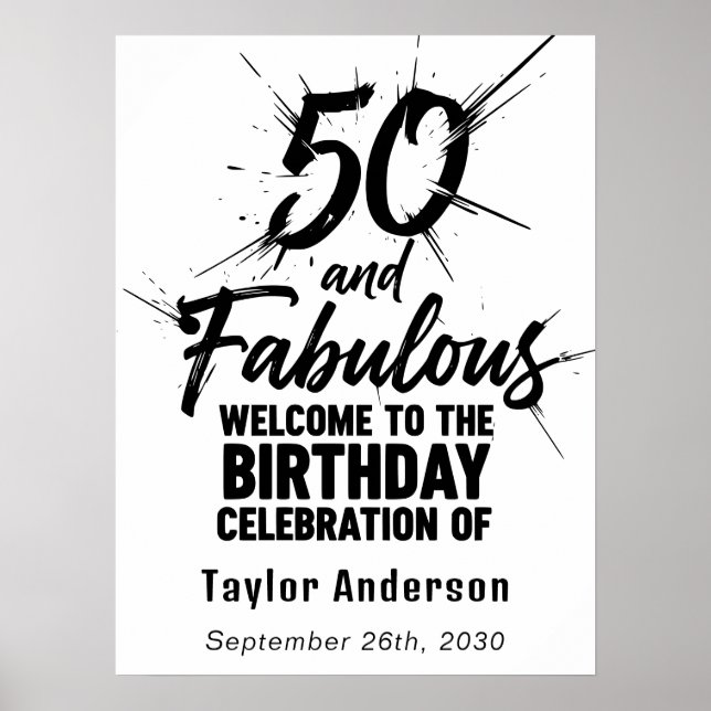 Póster 50 and Fabulous Birthday Bursting Black and White (Frente)