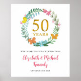 Cartel de bienvenida personalizado para fiesta de cumpleaños de 50 años,  cartel de bienvenida floral de cumpleaños de 50 años, póster de bienvenida  de