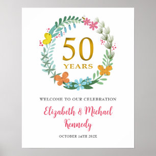Póster 50° Aniversario Rótulo de flores de bienvenida dor