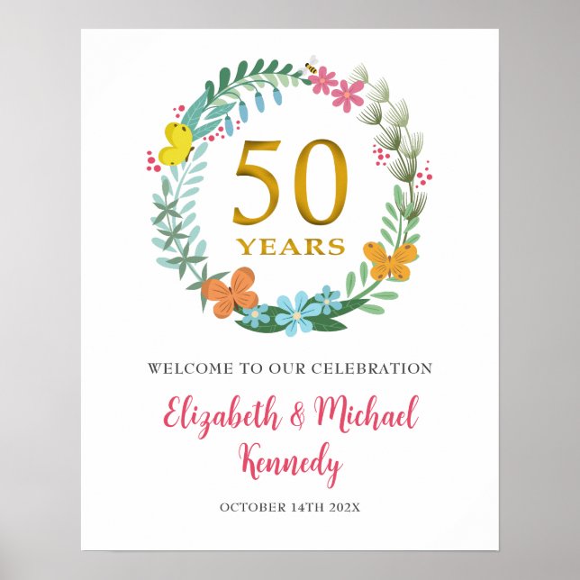Póster 50° Aniversario Rótulo de flores de bienvenida dor (Frente)