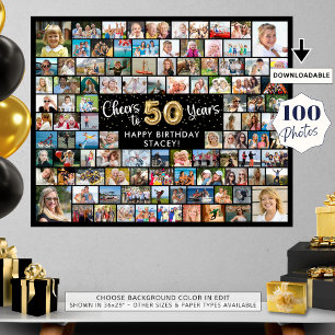Póster 50 Cumpleaños 100 Fotos Negro Dorado Salud por el 