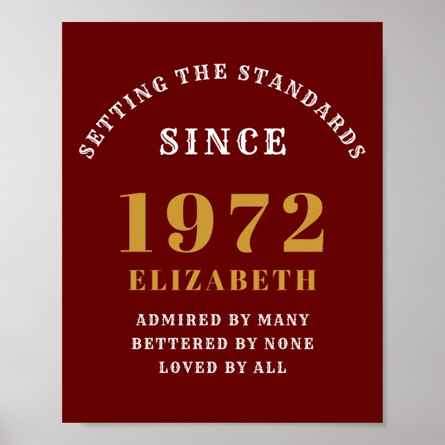 Póster 50 cumpleaños 1972 Moda elegante de oro rojo (Frente)