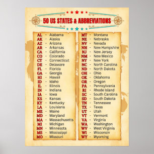 Póster ★ 50 estados de EE. UU. & abreviaturas Retro vin