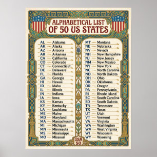 Póster ★ 50 Estados Unidos de América Vintage Rústico U