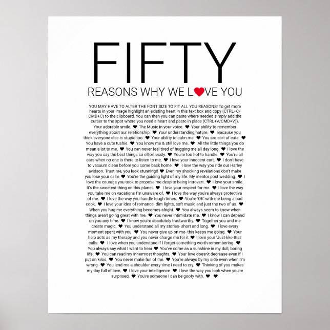 Póster 50 razones por las que te amamos juramento de amor (Frente)