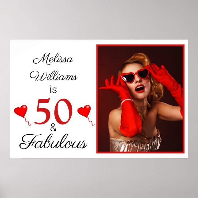 Póster 50 y nombre fabuloso gran foto rojo 50 cumpleaños (Frente)