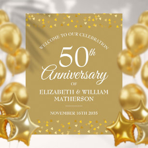 Póster 50th Anniversary Golden Love Hearts Welcome Sign