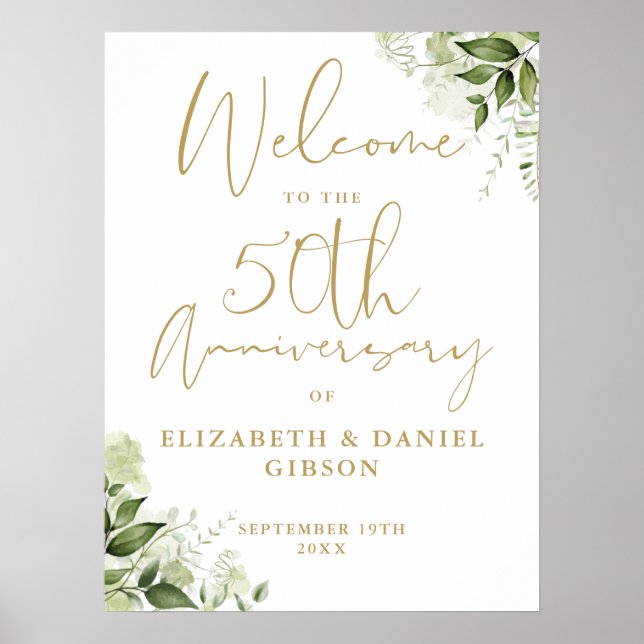 Póster 50th Wedding Anniversary Greenery Welcome Sign (Frente)