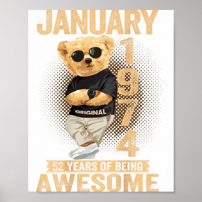 Póster 52 Year Old January 1974 Teddy Bear 52nd Birthday  (Frente)