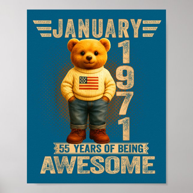 Póster 55 Year Old January 1971 Teddy Bear 55th Birthday  (Frente)