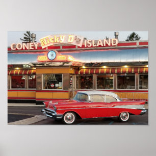 Póster '57 Chevy con una isla de Coney de estilo de los a