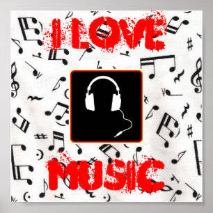 Póster 57MusicNotes, auriculares1, I LOVE, MUSIC