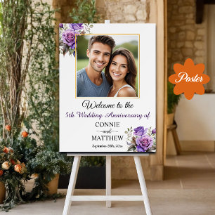 Póster 5.º Boda Aniversario del marco dorado Rosas morado