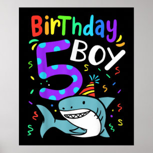 Póster 5.º cumpleaños, cinco años, regalos de tiburón