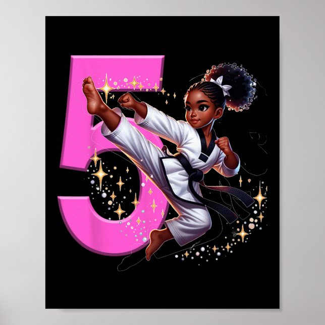 Póster 5.º cumpleaños Fiesta de Artes Marciales Chica Neg (Frente)