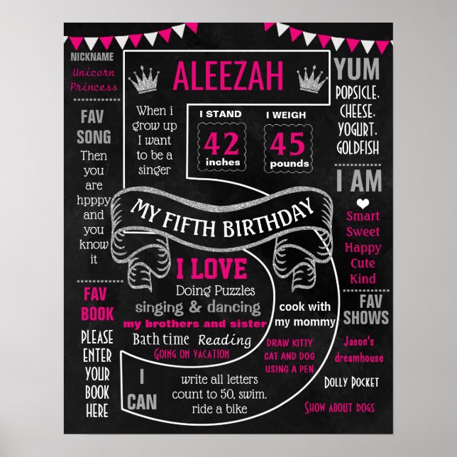 Póster 5.º signo de hito de la fiesta de cumpleaños (Frente)