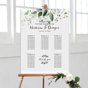 Póster 5 mesas verde y elegante carta de asientos de boda