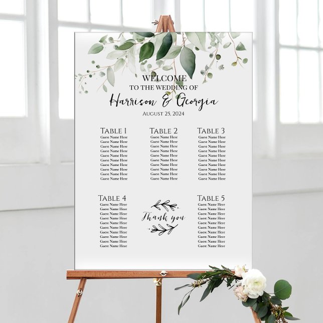 Póster 5 mesas verde y elegante carta de asientos de boda (Subido por el creador)