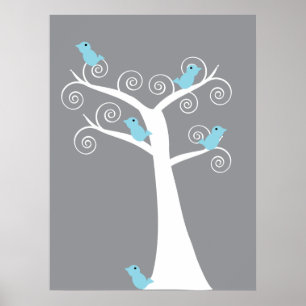 Póster 5 pájaros azules en un árbol (fondo gris) Impresió