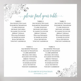 Póster 5 Table Lacy Wedding Seating Chart Teal on White