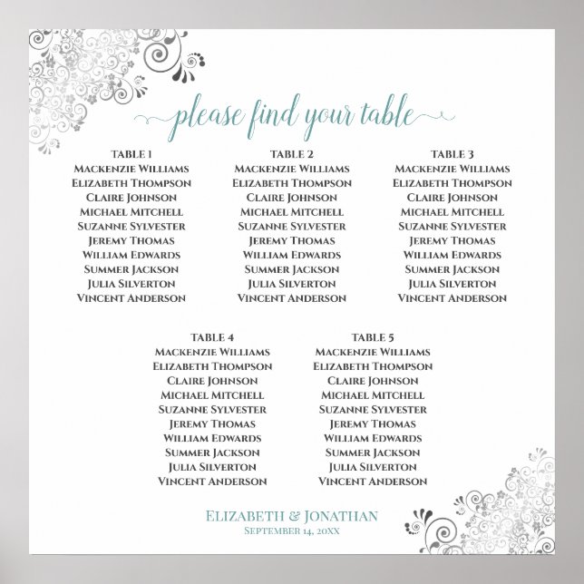 Póster 5 Table Lacy Wedding Seating Chart Teal on White (Frente)