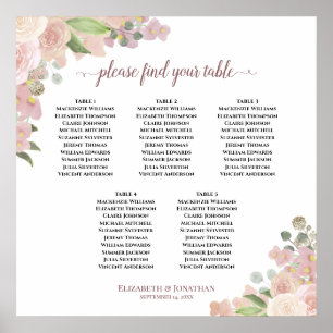 Póster 5 Table Rustic Pink Roses Wedding Seating Chart