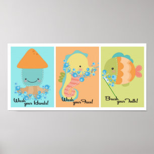 Póster 5x7 Ocean Fish Squid Sea Horse Baño Wall Art