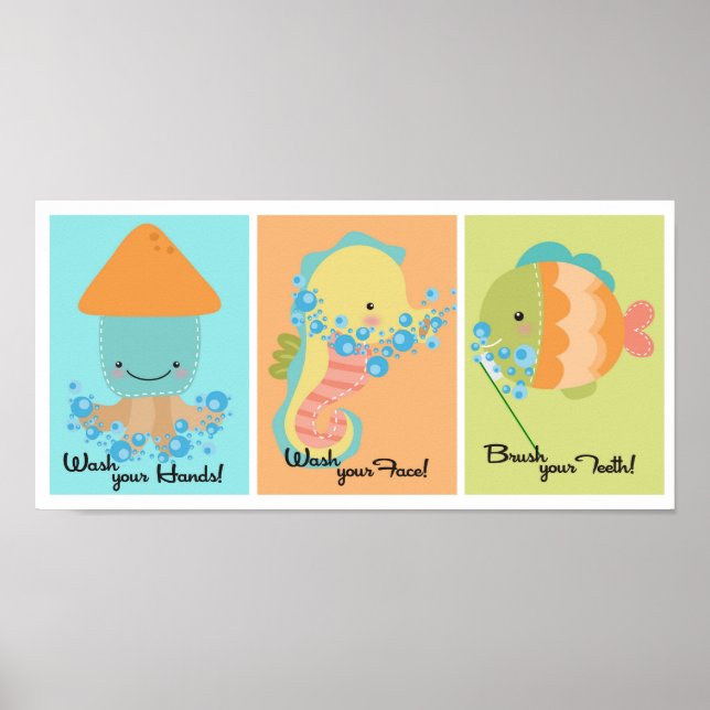 Póster 5x7 Ocean Fish Squid Sea Horse Baño Wall Art (Frente)