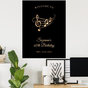 Póster 60.º Birthday Gold Music Notes Elegant