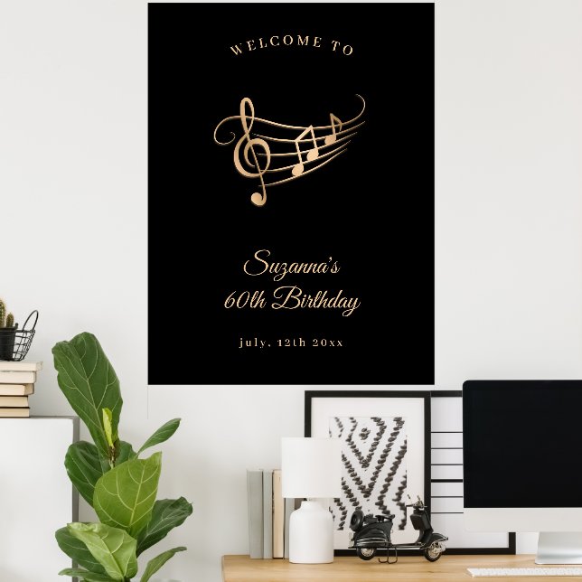 Póster 60.º Birthday Gold Music Notes Elegant (Oficina en casa)