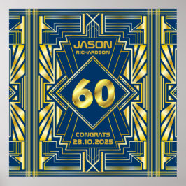 Póster 60.º cumpleaños Art Deco Oro Azul Gran Gatsby
