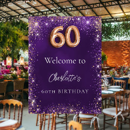 Póster 60 años purpurina morado chispas bienvenida