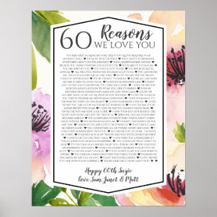 Póster 60 razones por las que te amamos rosas acuarelas