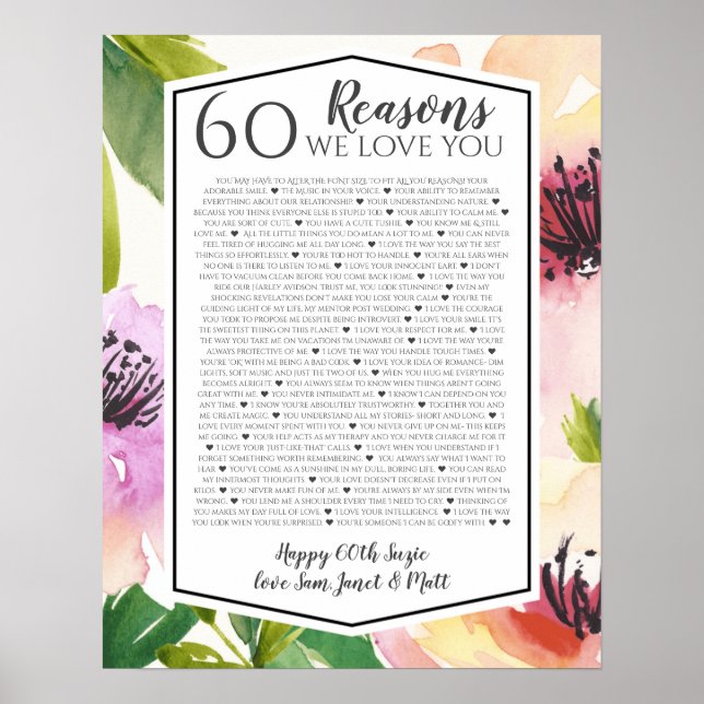Póster 60 razones por las que te amamos rosas acuarelas (Frente)