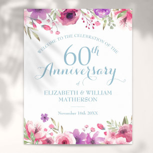 Póster 60th Anniversary Watercolour Roses Welcome Sign