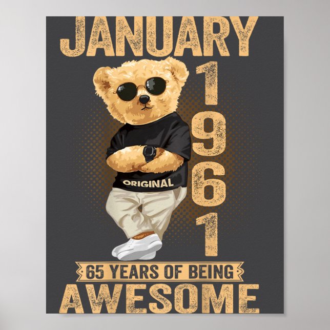Póster 65 Year Old January 1961 Teddy Bear 65th Birthday  (Frente)