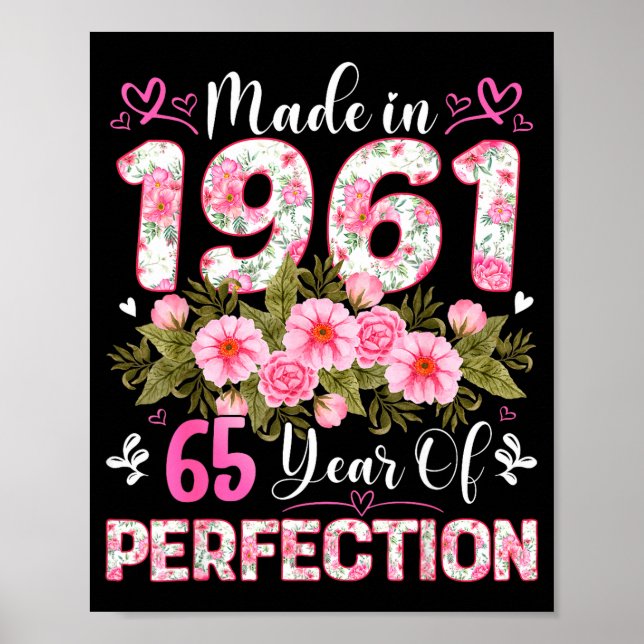 Póster 65 Year Old Made In 1961 Floral 65th Birthday Wome (Frente)