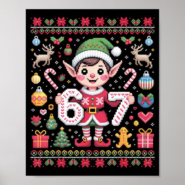 Póster 67 Christmas Elf Ugly Sweater Cute 6 7 Meme Xmas B (Frente)