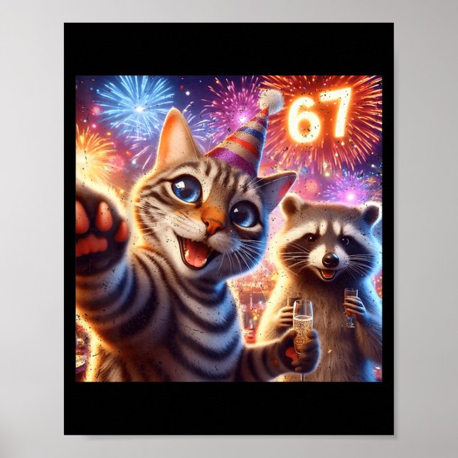 Póster 67 Meme Cat Raccoon New Year Selfie Funny Birthday (Frente)