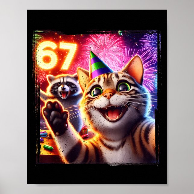 Póster 67 Meme Cat Raccoon New Year Selfie Funny Birthday (Frente)